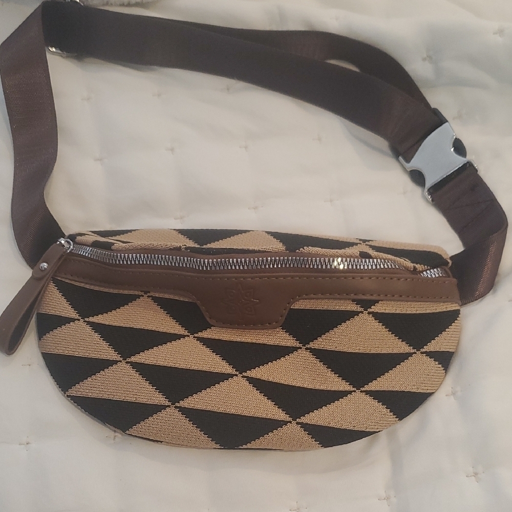 Geometric Patterned Brown and Black Belt Bag